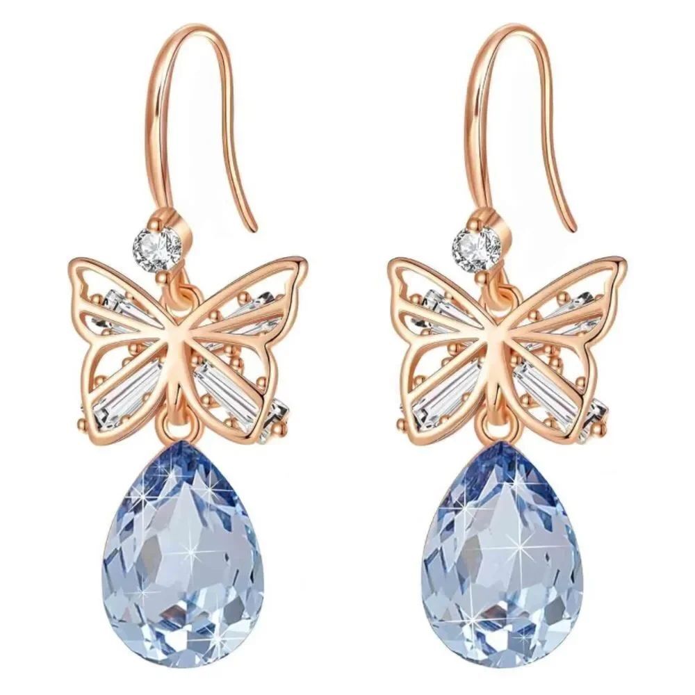 14K Rose Gold with Blue Topaz Austrian Crystal Butterfly Teardrop Hook Earrings